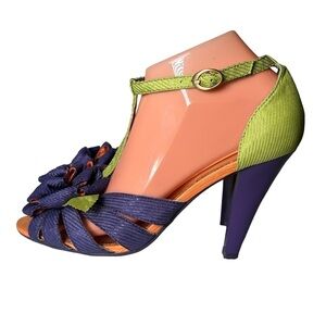 Poetic License London Floral T-strap Heels Green Purple